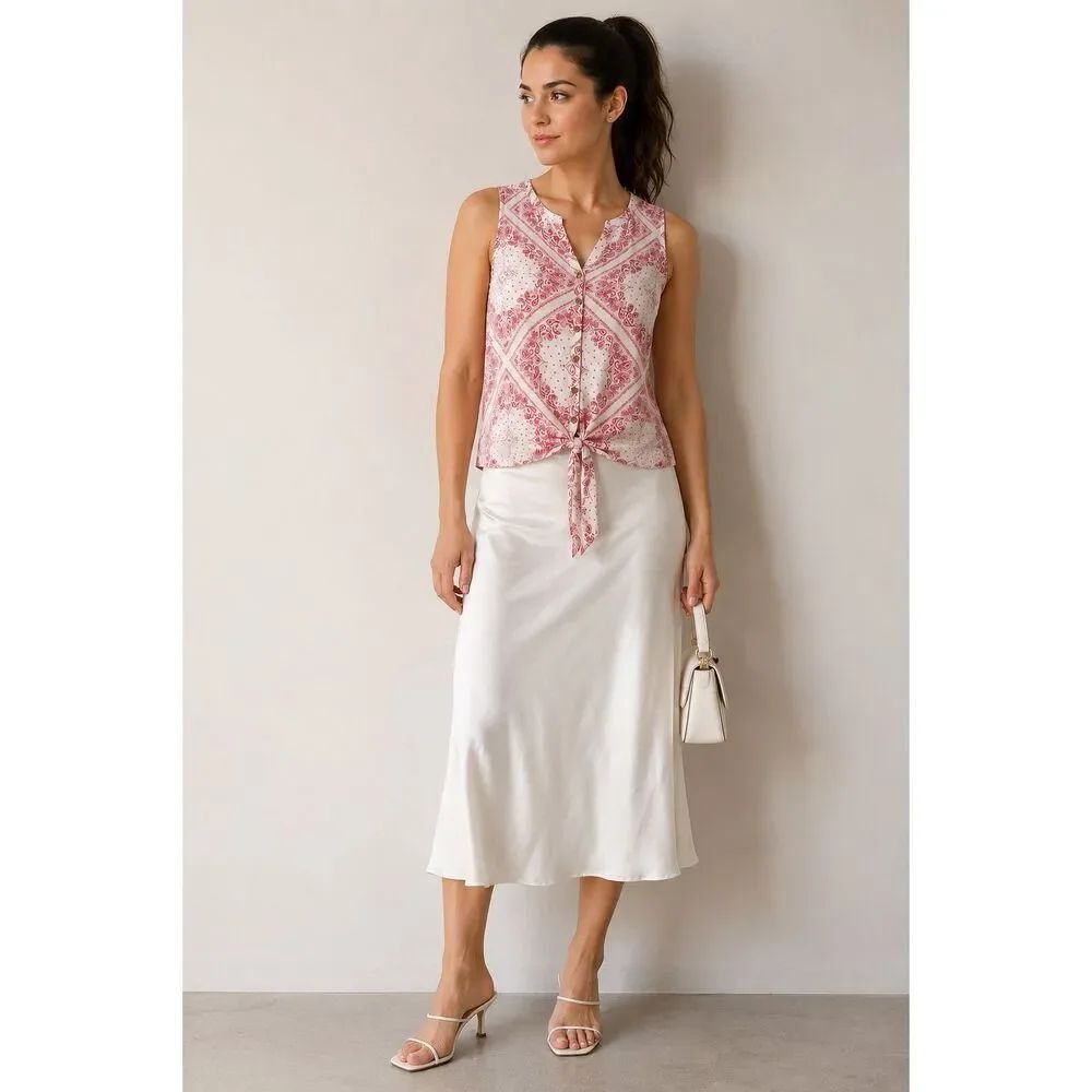 Natural Reflections Paisley Tie Front Sleeveless Top Pink White Rayon Size L